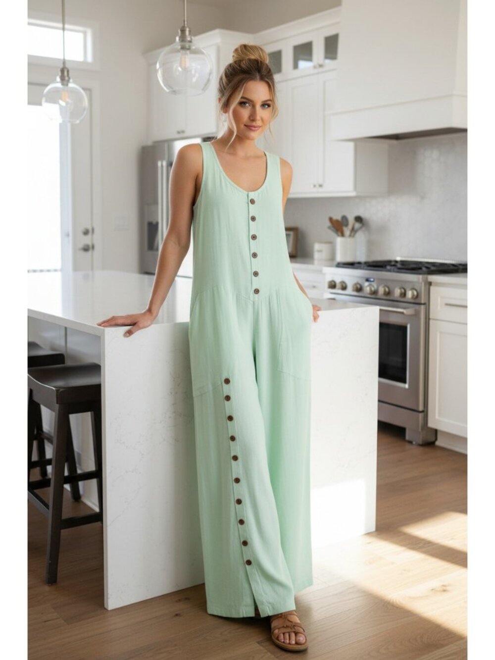 Baggy Button Up Patch Pocket Scoop Neck One-Piece Split Wide Leg Pant Jumpsuit